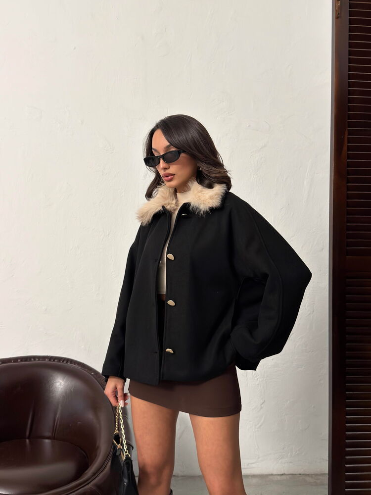 Peluş Yakalı Dügmeli Kaşe Mont