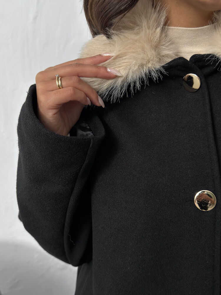 Peluş Yakalı Dügmeli Kaşe Mont